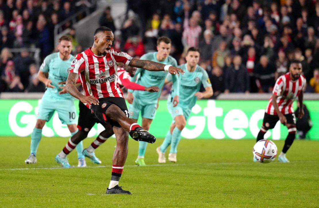 Ivan Toney scores his side's second goal of the game from the penalty spot.