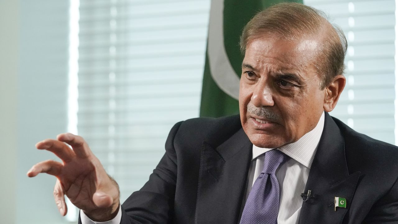Prime Minister of Pakistan Shehbaz Sharif speaks during an interview with The Associated Press, Thursday, Sept. 22, 2022 at United Nations headquarters. (AP Photo/Mary Altaffer)