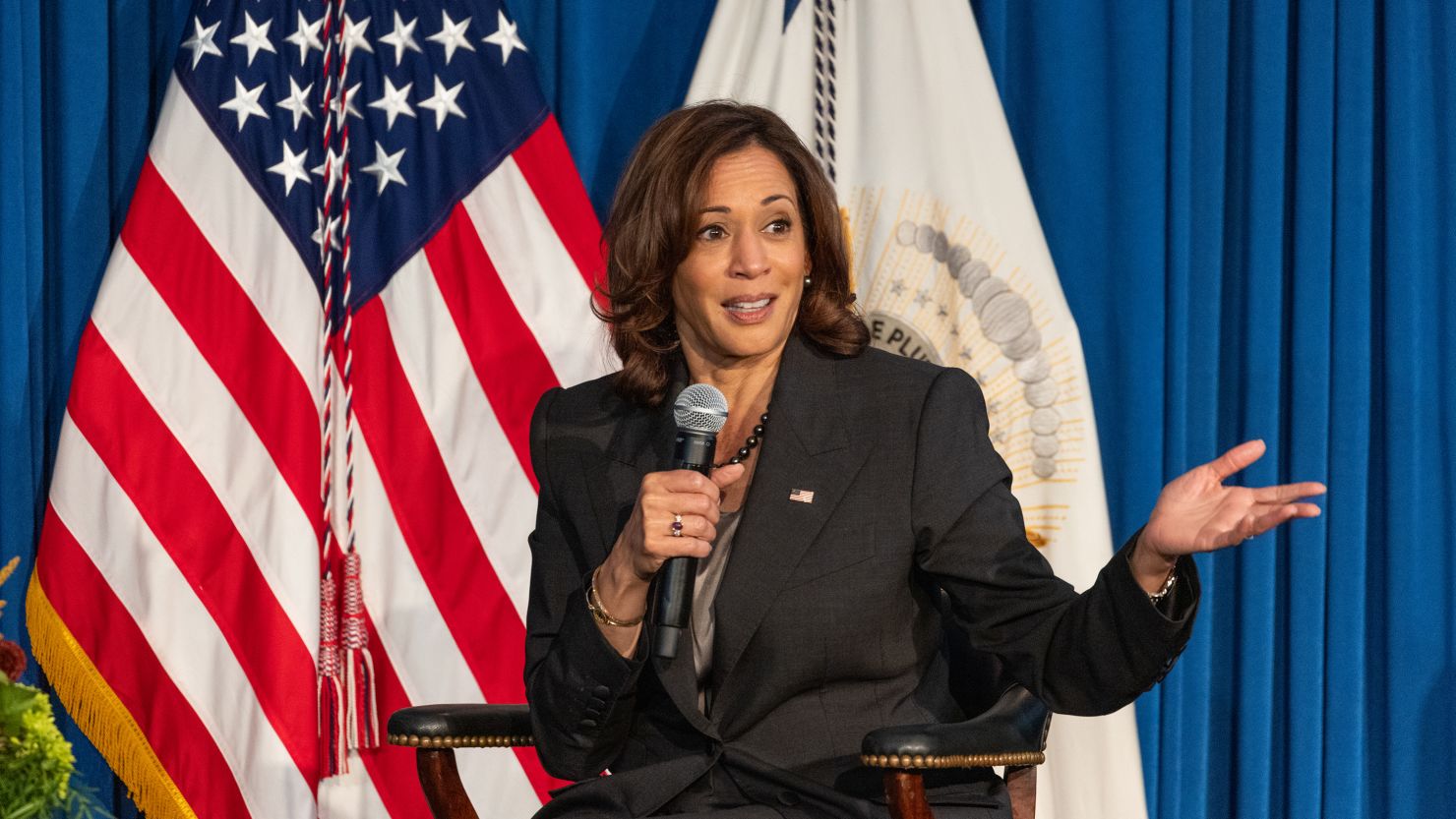 Vice President Harris joins NARAL Pro-Choice America President, Mini Timmaraju and Groundswell Fund Senior Capacity Building Director, Julieta Garibay for a moderated discussion on reproductive rights at LBJ Presidential Library on October 08, 2022 in Austin, Texas.