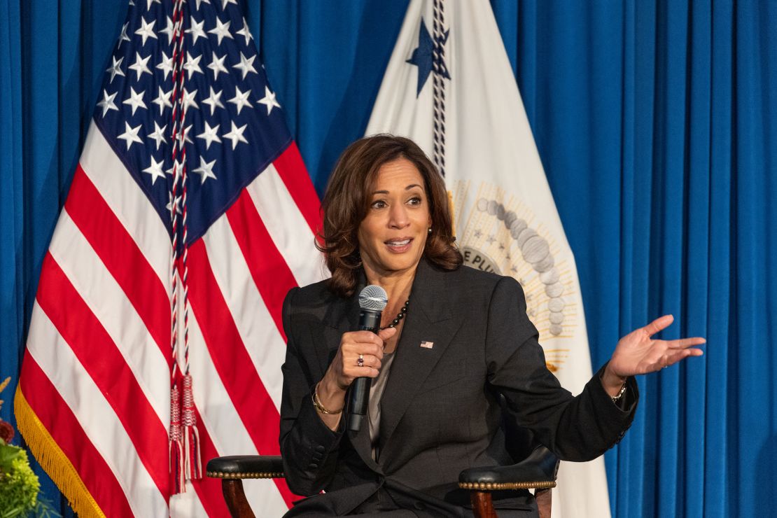 Harris discusses reproductive rights at the LBJ Presidential Library on October 8, 2022, in Austin, Texas.