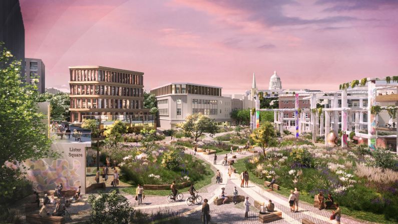 It is described as "as a blueprint for sustainable city centers in a post-Covid world" that would deliver a hectare of new green space and additional wildlife habitat in the wider area. 