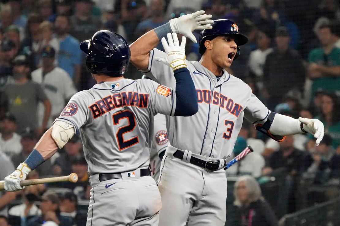 Houston Astros' Jeremy Pena (3) celebrates his home run.