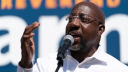 Senator Raphael Warnock, a Democrat from Georgia, speaks during a 'Working for Georgia' campaign rally in Macon, Georgia, US, on Friday, Oct. 7, 2022. Warnock is taking direct aim at Republican rival Herschel Walker's escalating family drama in a new ad highlighting longstanding domestic violence allegations against the former football star.