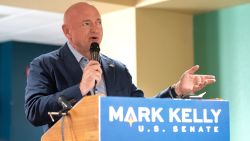 Sen. Mark Kelly (D-AZ) speaks at Handmaker Jewish Services for Aging on October 13, 2022 in Tucson, Arizona. Sen. Mark Kelly is campaigning for re-election against far-right, Trump-endorsed, Republican candidate Blake Masters.