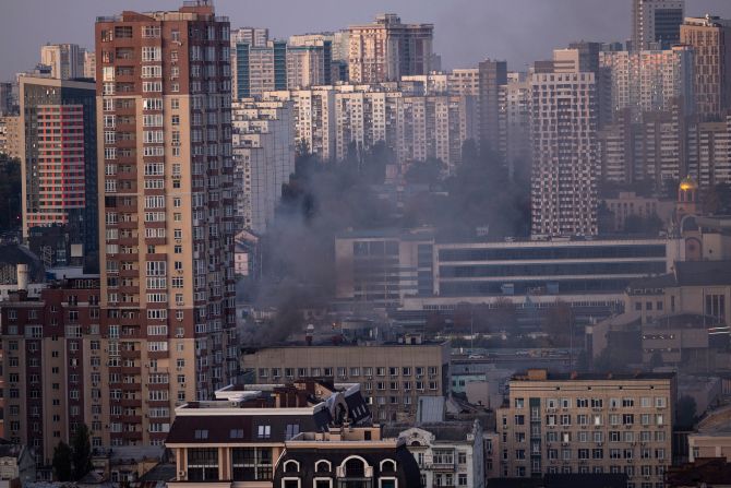 Smoke rises from a drone attack in Kyiv.