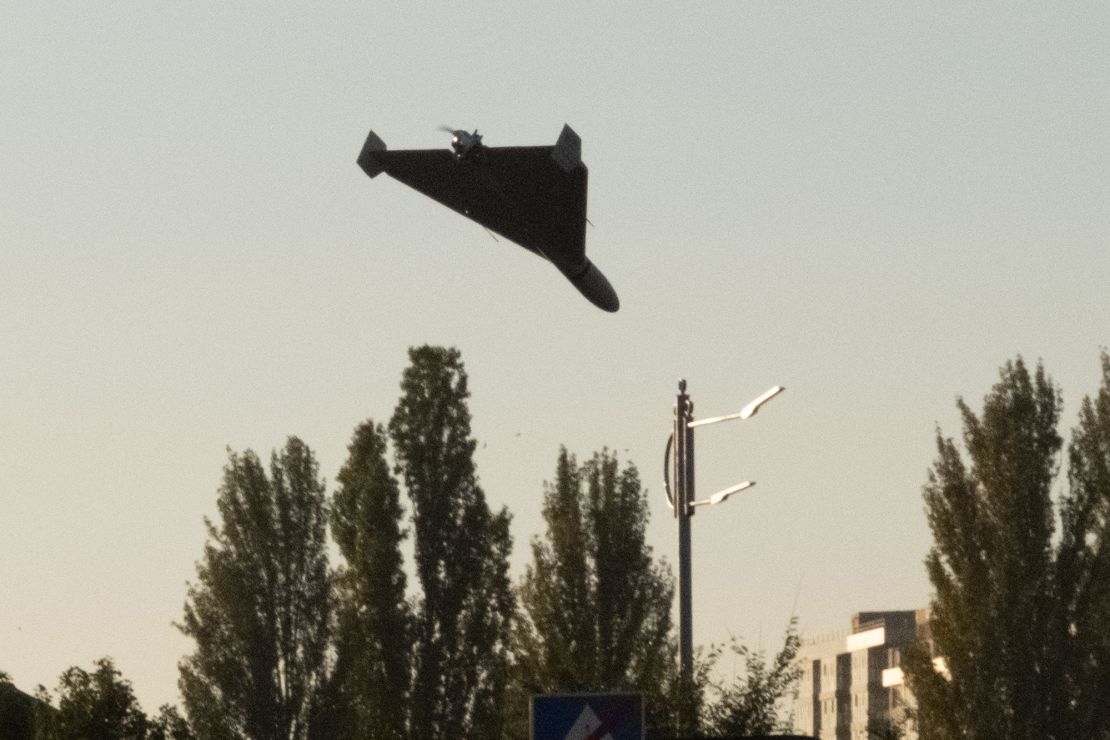 A drone approaches for an attack in Kyiv on Monday