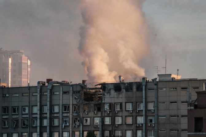 Smoke rises from a partially destroyed building after a drone attack in Kyiv on Monday.