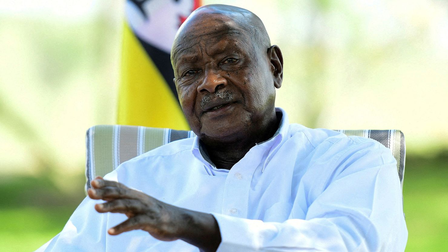 Uganda's President Yoweri Museveni speaks during a Reuters interview at his farm in Kisozi settlement of Gomba district, in the Central Region of Uganda, January 16, 2022. (Abubaker Lubowa/Reuters)