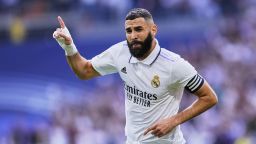 Karim Benzema centre-forward of Real Madrid and France celebrates after scoring his sides first goal during the La Liga Santander match between Real Madrid CF and FC Barcelona at Estadio Santiago Bernabeu on October 16, 2022 in Madrid, Spain. (Photo by Jose Breton/Pics Action/NurPhoto)NO USE FRANCE