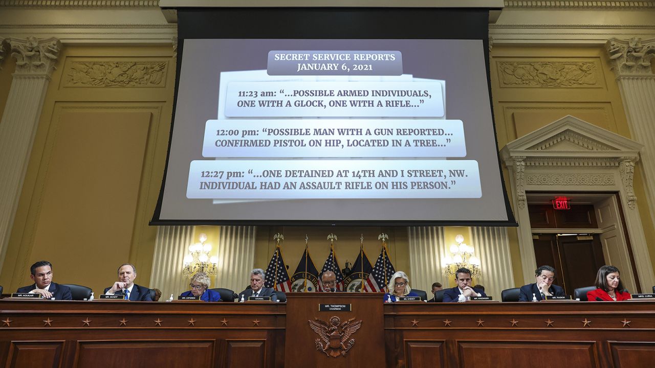 Excerpts from Secret Service reports displayed on a screen during a hearing of the Select Committee to Investigate the January 6th Attack on the US Capitol in Washington, DC, US, on Thursday, Oct. 13, 2022.