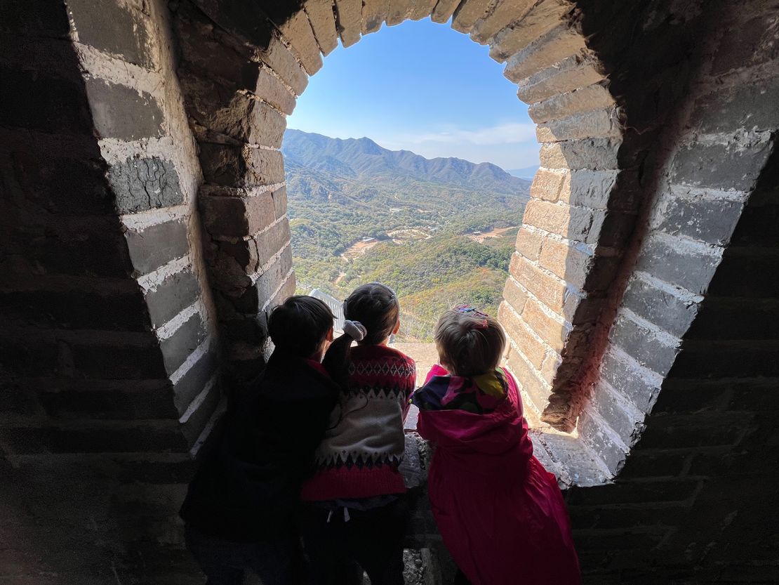 Children visit the Great Wall of China on October 6, 2022.