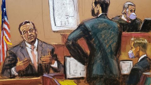 Attorney Chase Scolnick questions Kevin Spacey as he testifies during Anthony Rapp's civil suit against him on Monday.