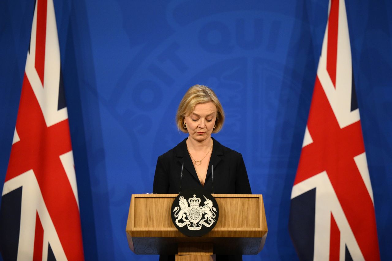Truss holds a news conference in October 2022 after <a href="https://www.cnn.com/2022/10/14/uk/liz-truss-tax-u-turn-trouble-analysis-intl-gbr/index.html" target="_blank">sacking Kwarteng.</a> Asked whether she would say sorry to her party's lawmakers, some of whom were publicly trashing her economic agenda, she replied: "I am determined to deliver on what I set out when I campaigned to be party leader. We need to have a high-growth economy but we have to recognize that we are facing very difficult issues as a country."