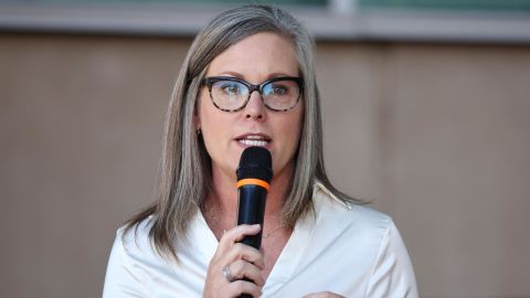 Arizona Secretary of State Katie Hobbs speaks at a news conference calling for abortion rights on October 7, 2022 in Tucson.