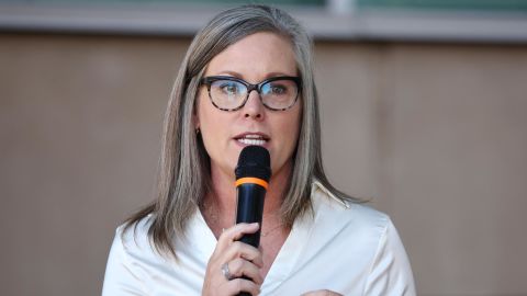 Arizona Secretary of State and Democratic gubernatorial candidate Katie Hobbs speaks outside the Evo A. DeConcini US Courthouse on October 7, 2022, in Tucson, Arizona.