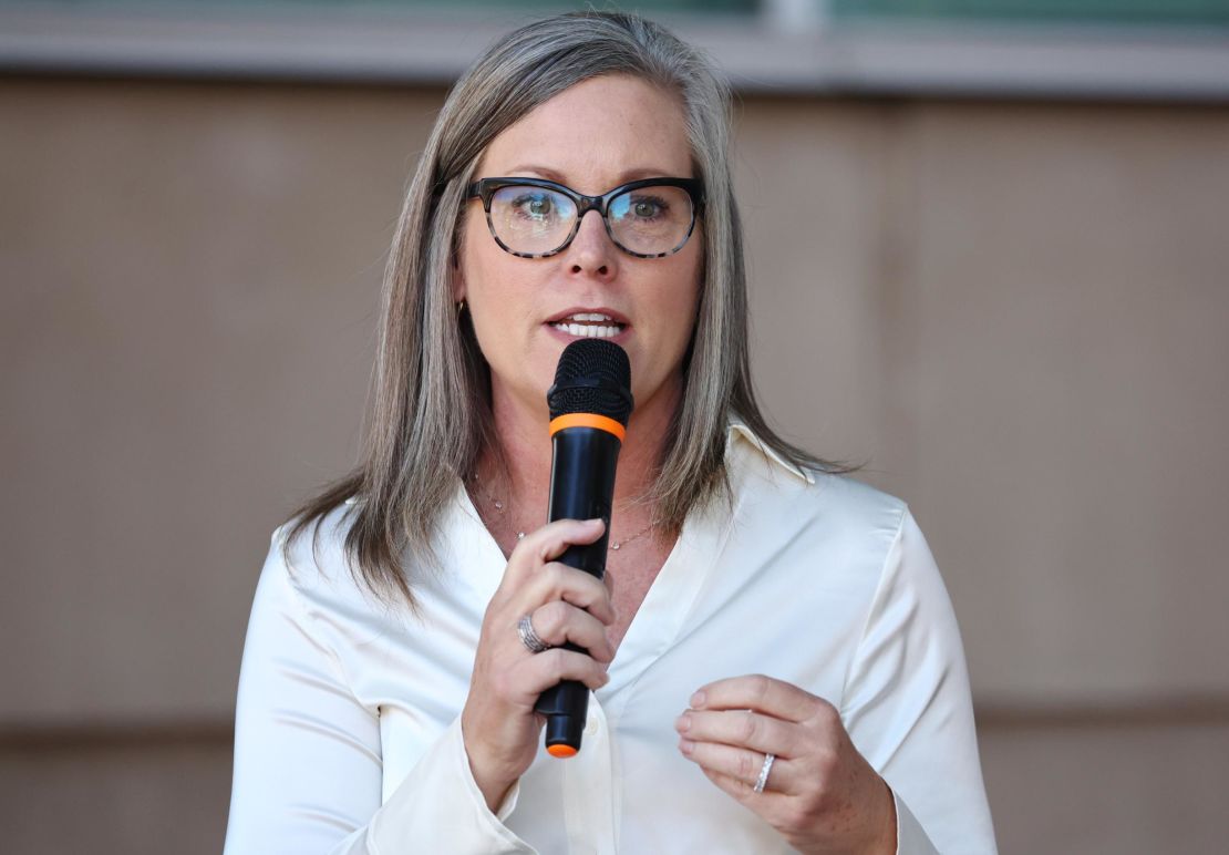 Arizona Secretary of State Katie Hobbs speaks at a news conference calling for abortion rights on October 7, 2022 in Tucson.
