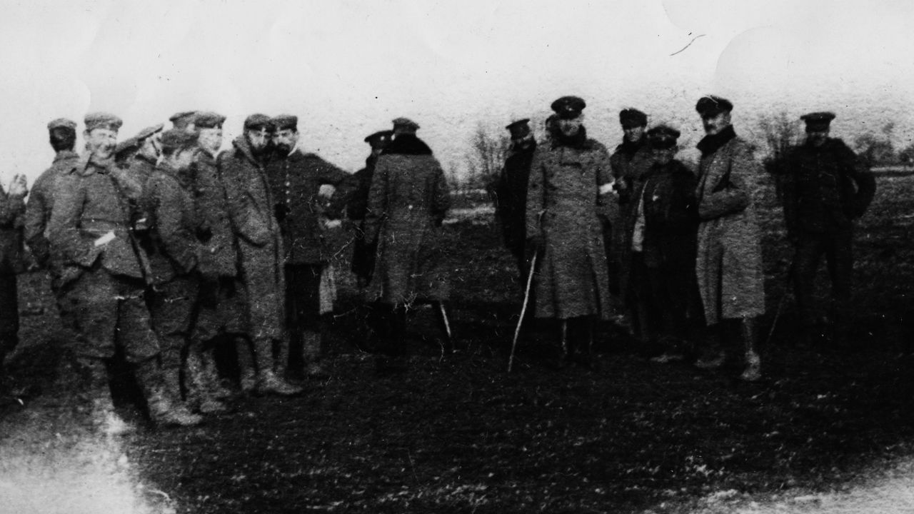 British and German troops meeting in No Man's Land during the unofficial Christmas truce of 1914 during World War I. 