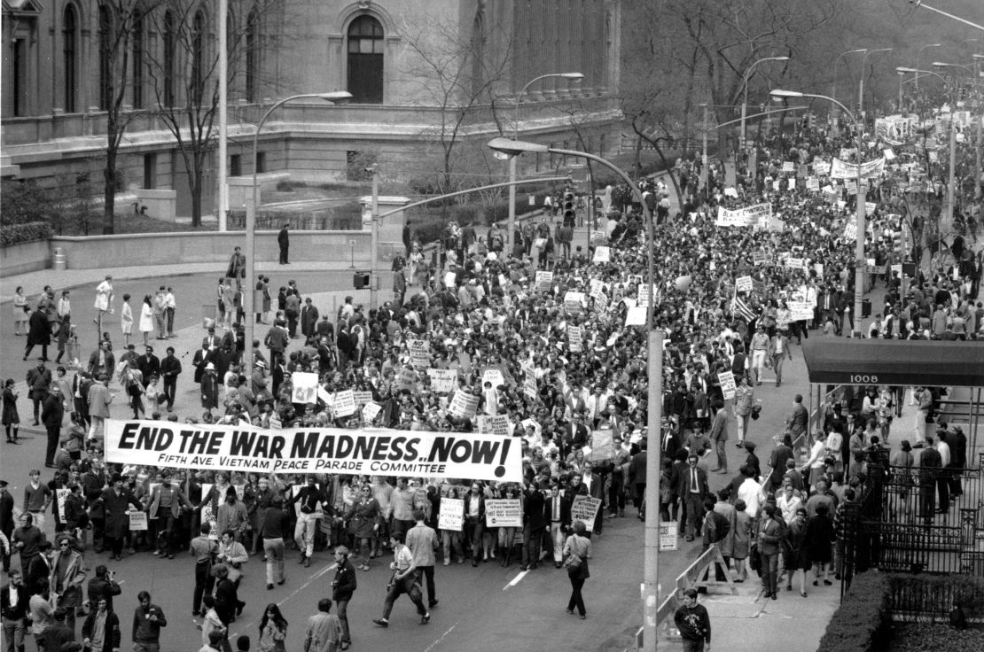 Many US troops lost the will to fight in Vietnam in part because of a massive anti-war movement in their native country. In this photo, demonstrators march down Fifth Avenue in New York City in 1968 to protest against US involvement in the war.  
