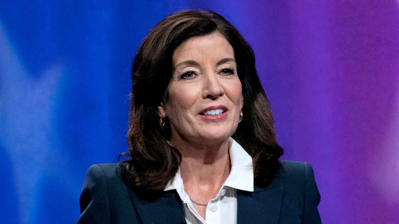 Gov. Kathy Hochul speaks at a debate in New York on June 16, 2022. A top adviser to Hochul has stepped down from his role due to sexual harassment complaints against him, according to the New York Times.