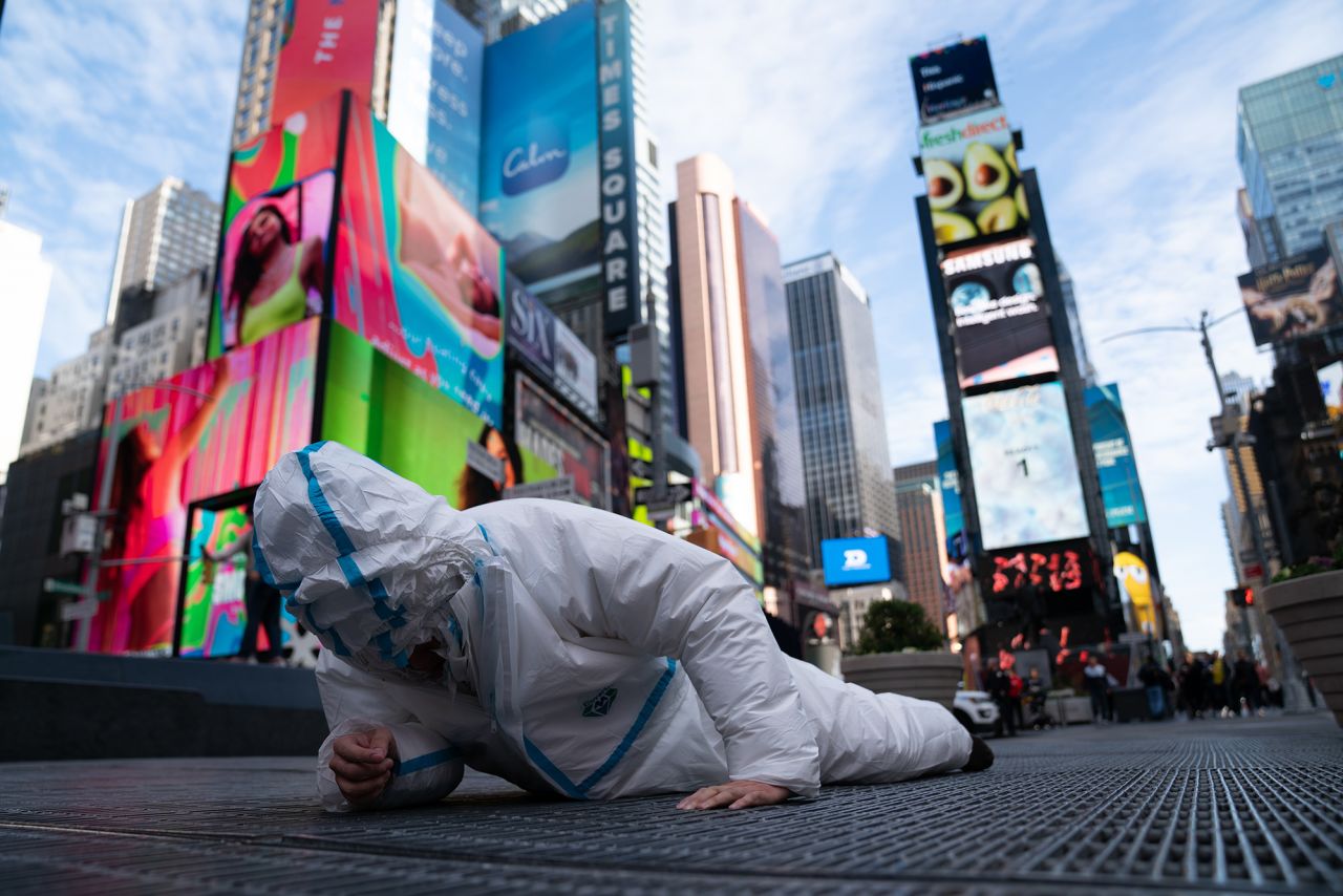 The artist donned 27 hazmat suits for his performance.