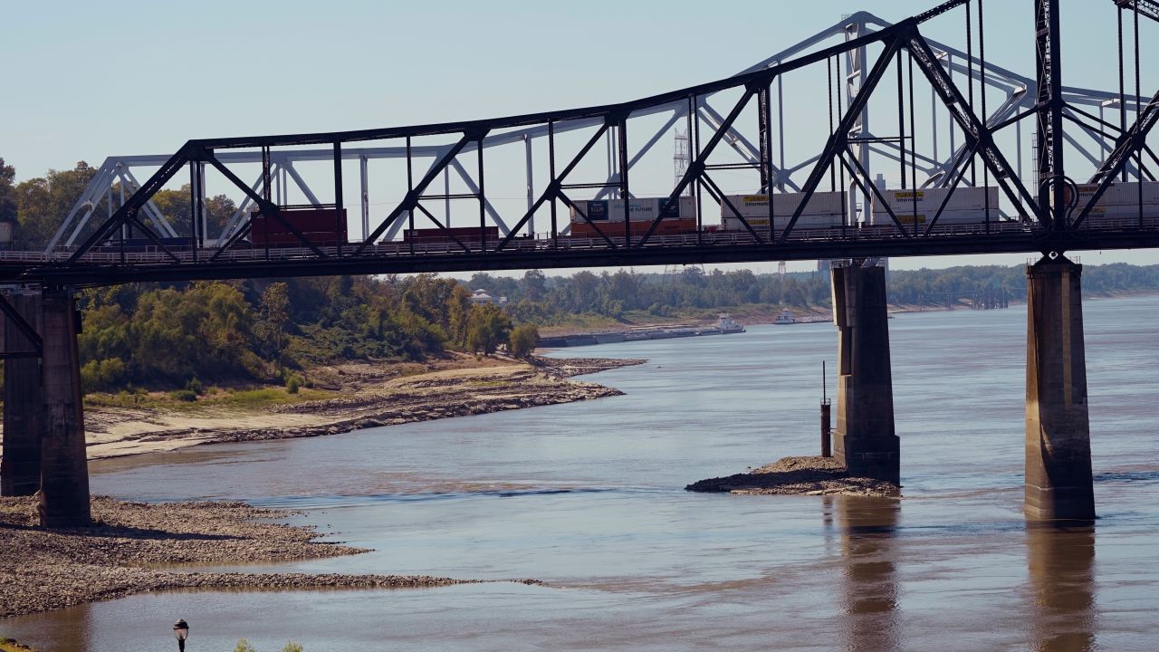 Low water on the Mississippi River in Vicksburg, Mississippi, on October 11. The unusually low water level is evidenced by the exposed pier cap pile of the bridge.