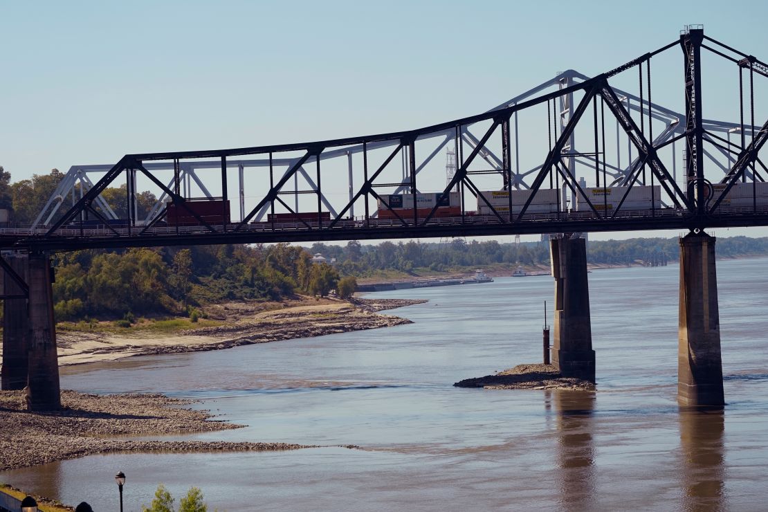 Low water on the Mississippi River in Vicksburg, Mississippi, on October 11. The unusually low water level is evidenced by the exposed pier cap pile of the bridge.