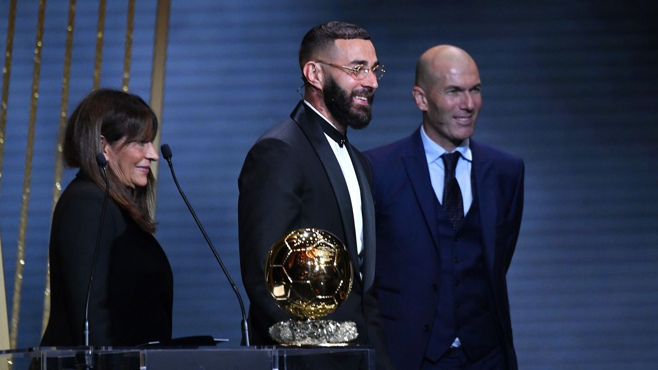 Karim Benzema was joined on stage by his mother (L). 