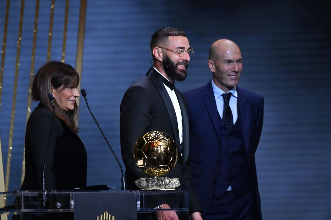 Karim Benzema was joined on stage by his mother (L). 