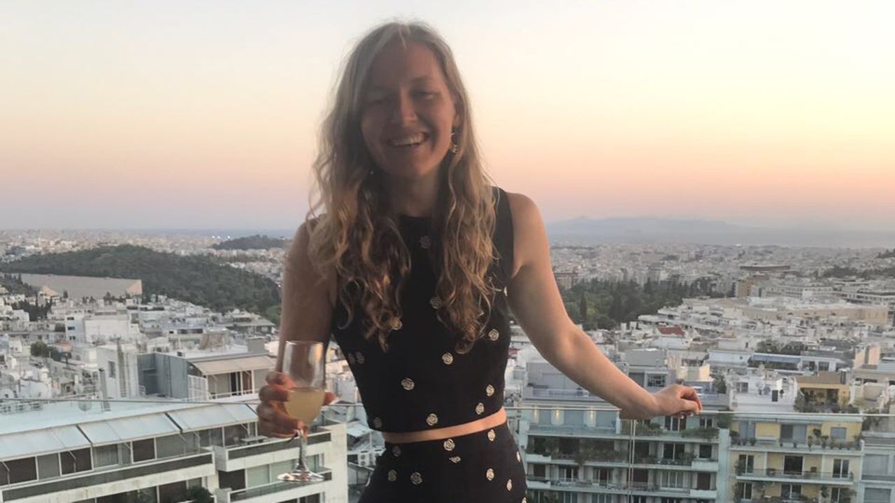 Here's Cheryl on the rootop of the St. George Lycabettus Hotel in Athens.