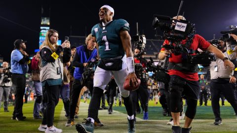 Hurts celebrates as he walks off the field after defeating the Dallas Cowboys 26-17 at Lincoln Financial Field on October 16, 2022.