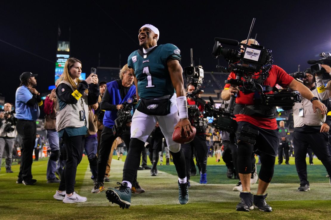 Hurts celebrates as he walks off the field after defeating the Dallas Cowboys 26-17 at Lincoln Financial Field on October 16, 2022.