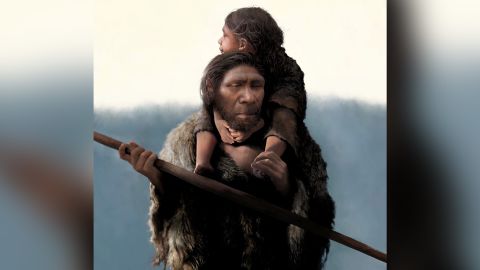 An artist's reconstruction depicts a Neanderthal father and his daughter.  