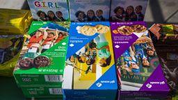 Girls Scouts are selling cookies in the Mar Vista neighborhood at on Friday, Feb. 11, 2022 in Los Angeles, CA.