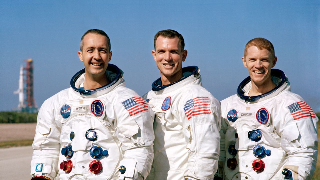 Prime crew of the Apollo 9 space mission. Left to right, James A. McDivitt, David R. Scott and Russell L. Schweickart. 