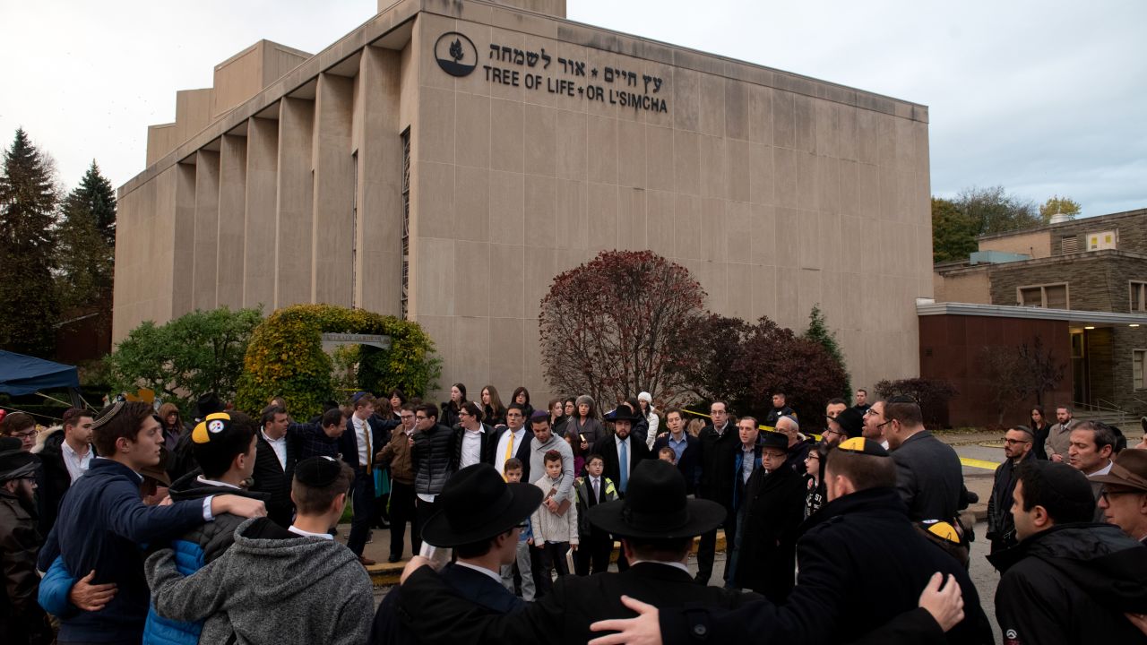 Gathering at the Tree of Life synagogue in Pittsburgh's Squirrel Hill neighborhood, November 2, 2018.