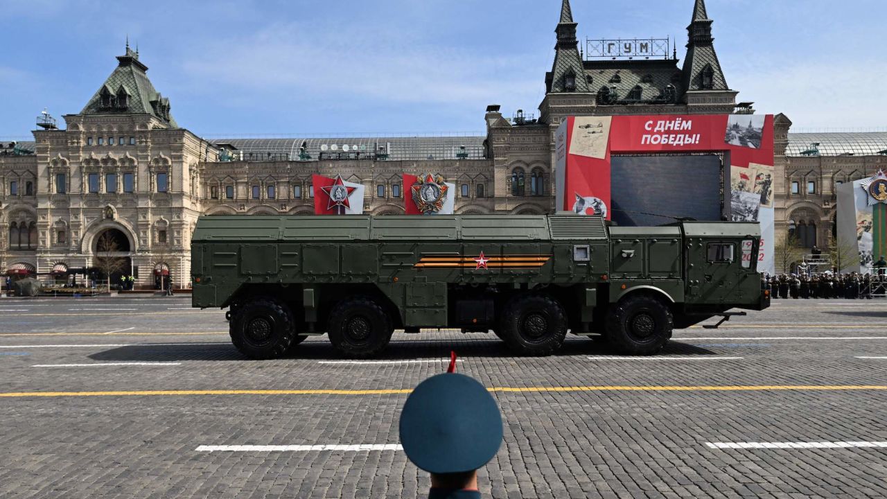 A Russian Iskander-M missile launcher parades through Red Square during a rehearsal of the Victory Day military parade in Moscow on May 7.