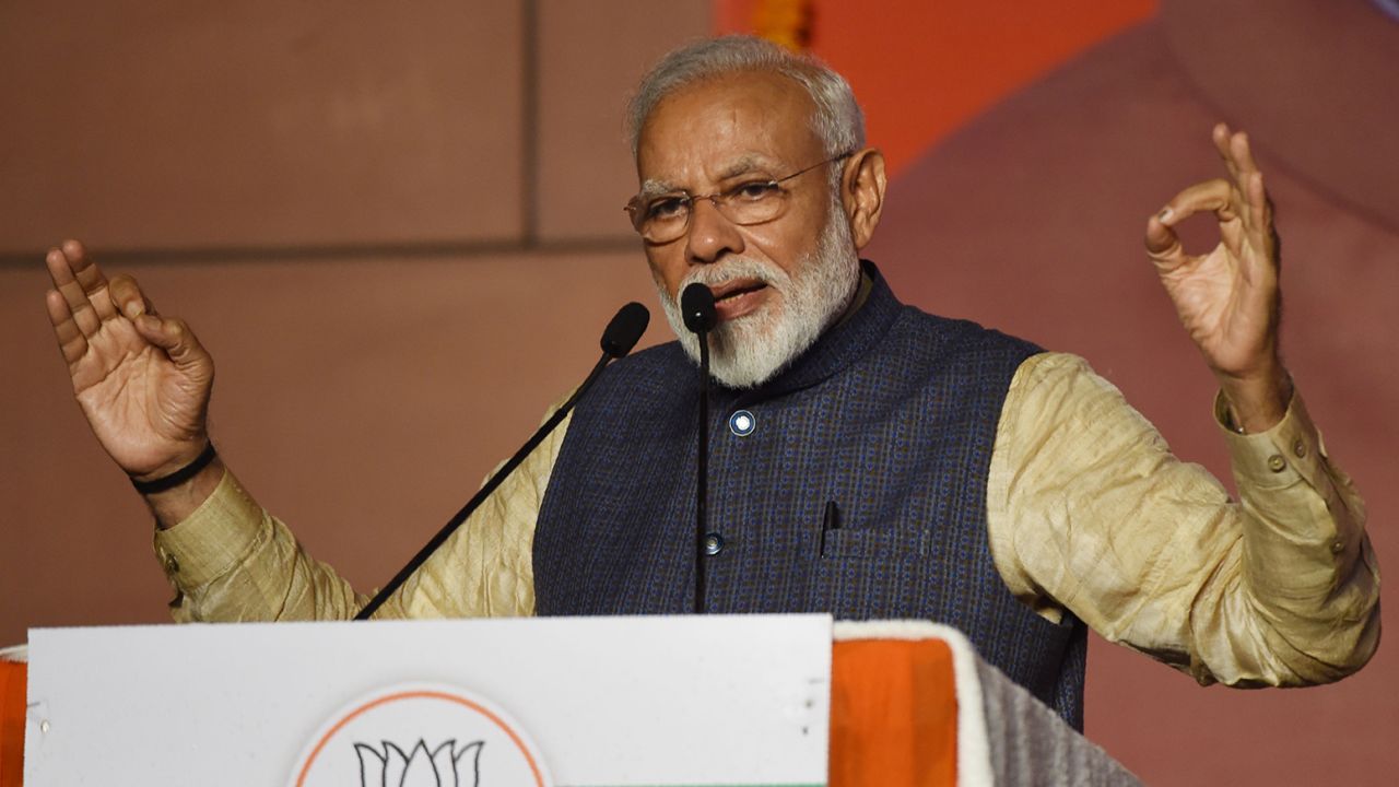 Prime Minister Narendra Modi gives a victory speech after winning India's general election, in New Delhi on May 23, 2019.