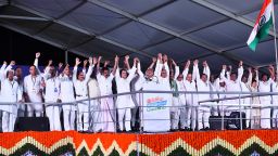 Congress party leader Rahul Gandhi, center left, raises his hands along with other leaders during the launch of Bharat Jodo Yatra, or Procession to Unite India, in Kanyakumari, India, Wednesday, Sept. 7, 2022. 