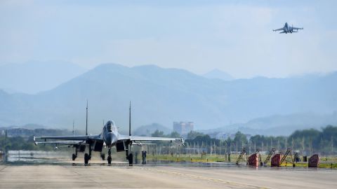 Fighter jets from the air force and naval aviation corps of the Chinese military's Eastern Theater Command are pictured in Nanjing in August 2022.