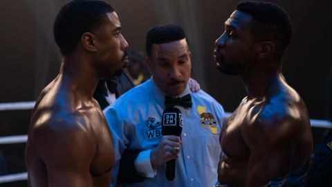 Director-star Michael B. Jordan (left) squares off with Jonathan Majors (right) in "Creed III."