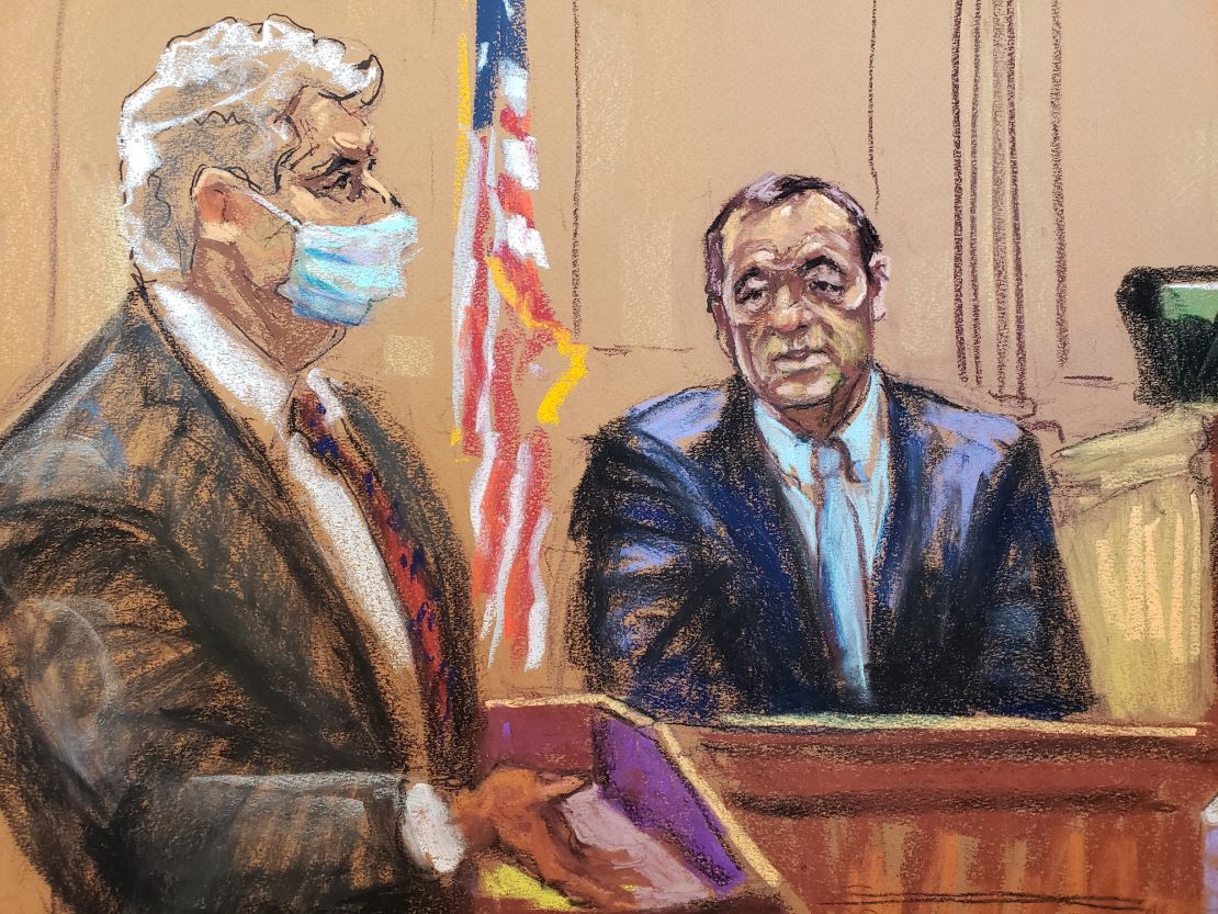 A courtroom sketch of Kevin Spacey  being questioned by attorney Richard on Tuesday.