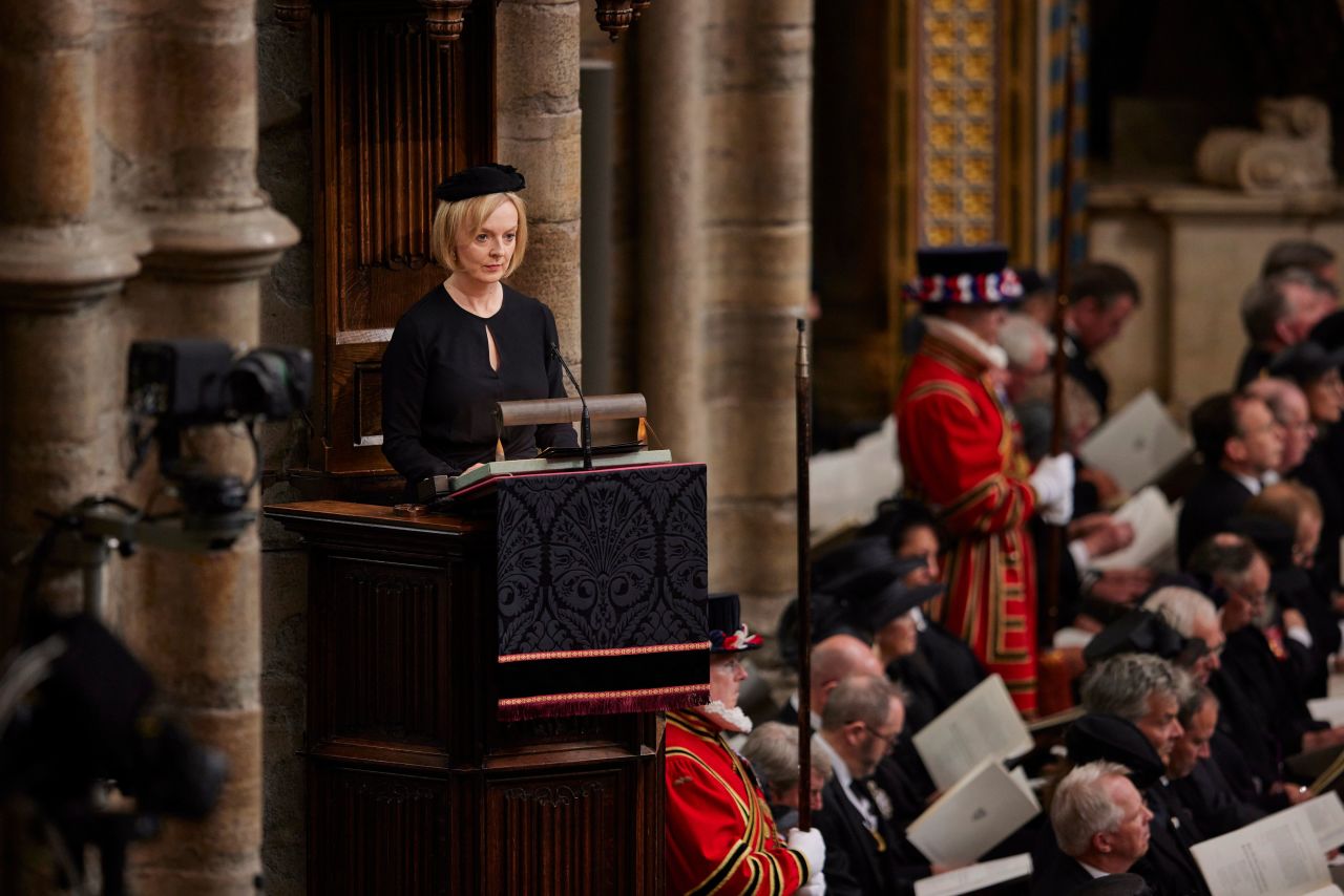Truss delivers a speech during the funeral service of Queen Elizabeth II at Westminster Abbey in London in September 2022.