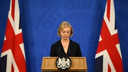 LONDON, ENGLAND - OCTOBER 14: Britain's Prime Minister Liz Truss holds a press conference in the Downing Street Briefing Room on October 14, 2022. (Photo by Daniel Leal-WPA Pool/Getty Images)
