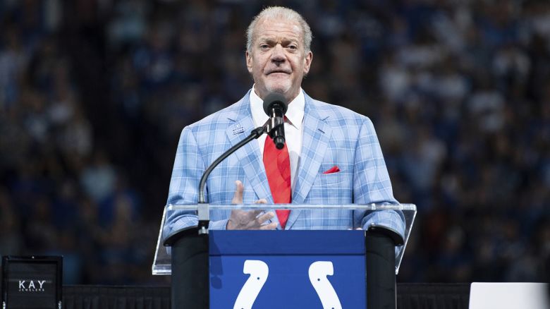 Indianapolis Colts owner Jim Irsay talks during the Hall of Fame ring ceremony for Peyton Manning and Edgerrin James during an NFL football game, Sunday, Sept. 19, 2021, in Indianapolis. (AP Photo/Zach Bolinger)