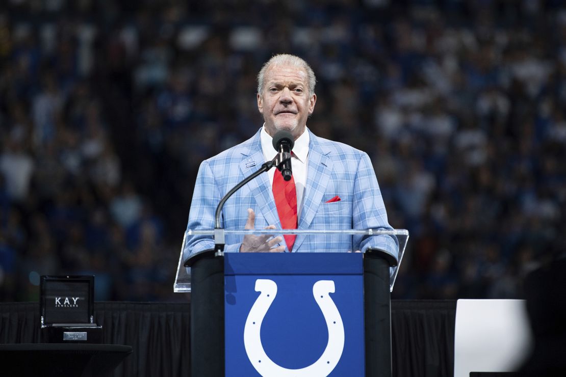 Irsay talks during the Hall of Fame ring ceremony for Peyton Manning and Edgerrin James on Sunday, September 19, 2021.