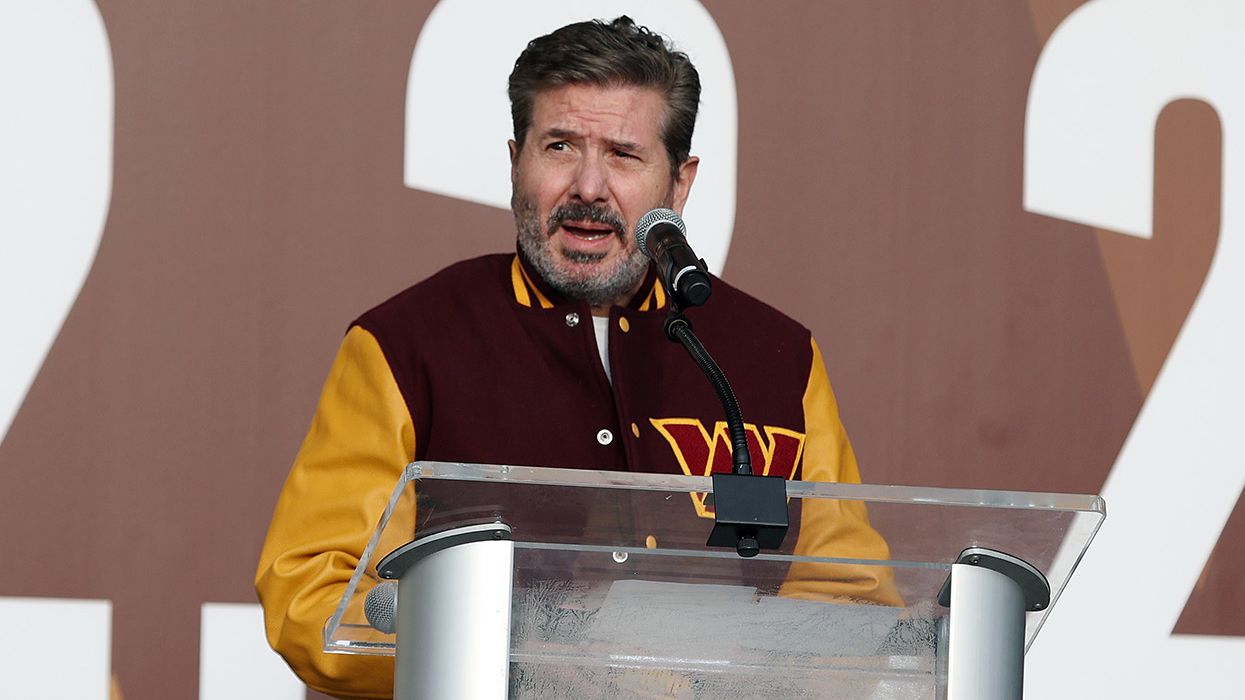 Dan Snyder speaks during the announcement of the Washington Football Team's name change to the Washington Commanders at FedExField on February 2.