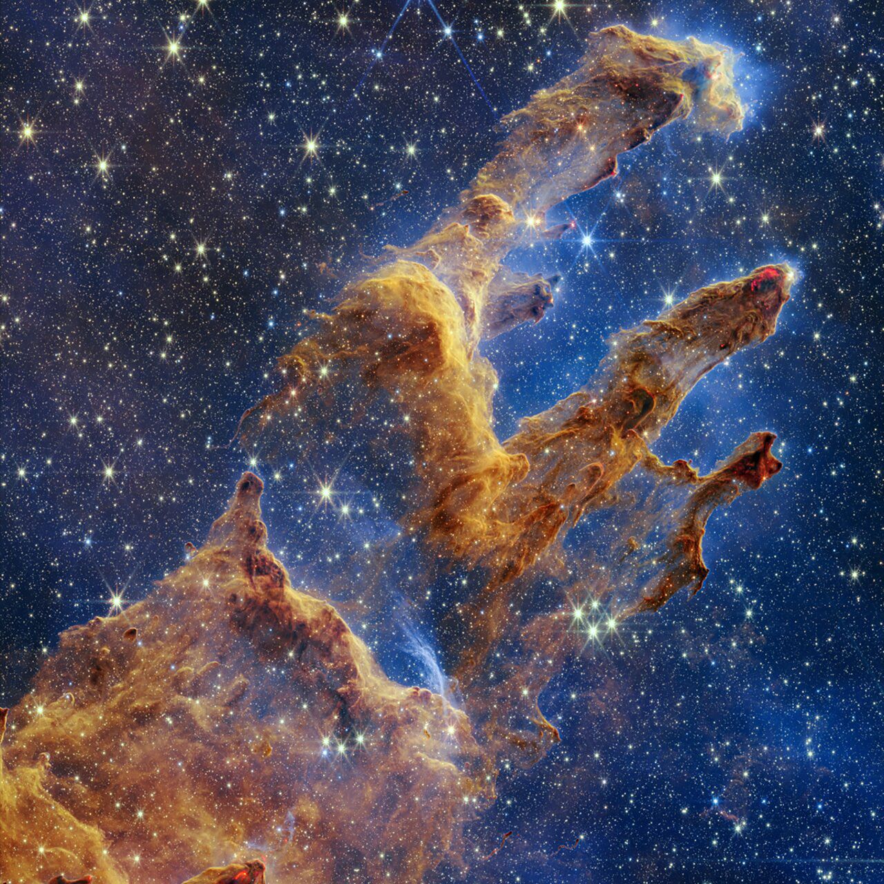 The James Webb Space Telescope captured a highly detailed snapshot of the so-called <a href="https://www.cnn.com/2022/10/19/world/webb-telescope-pillars-of-creation-scn/index.html" target="_blank">Pillars of Creation,</a> a vista of three looming towers made of interstellar dust and gas that's speckled with newly formed stars. The area, which lies within the Eagle Nebula about 6,500 light-years from Earth, had previously been captured by the Hubble Telescope in 1995, creating an image deemed "iconic" by space observers.