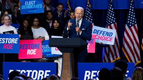 President Joe Biden speaks about the importance of electing Democrats who want to restore abortion rights during an event hosted by the Democratic National Committee at the Howard Theatre in Washington, DC, on Tuesday, October 18, 2022. 