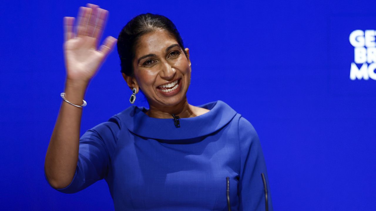 BIRMINGHAM, ENGLAND - OCTOBER 04:  Suella Braverman, Secretary of State for the Home Department speaks on day three of the Conservative Party Conference on October 04, 2022 in Birmingham, England. This year the Conservative Party Conference will be looking at "Getting Britain Moving" with more jobs and higher salaries. However, delegates are arriving at the conference as the party lags 33 points behind Labour in the opinion polls. (Photo by Jeff J Mitchell/Getty Images)