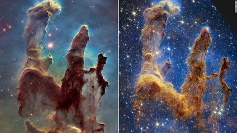 The Pillars of Creation, in the Eagle Nebula, is a star-forming region captured in a new image (right) by the James Webb Space Telescope that reveals more detail than a 2014 image (left) by Hubble.